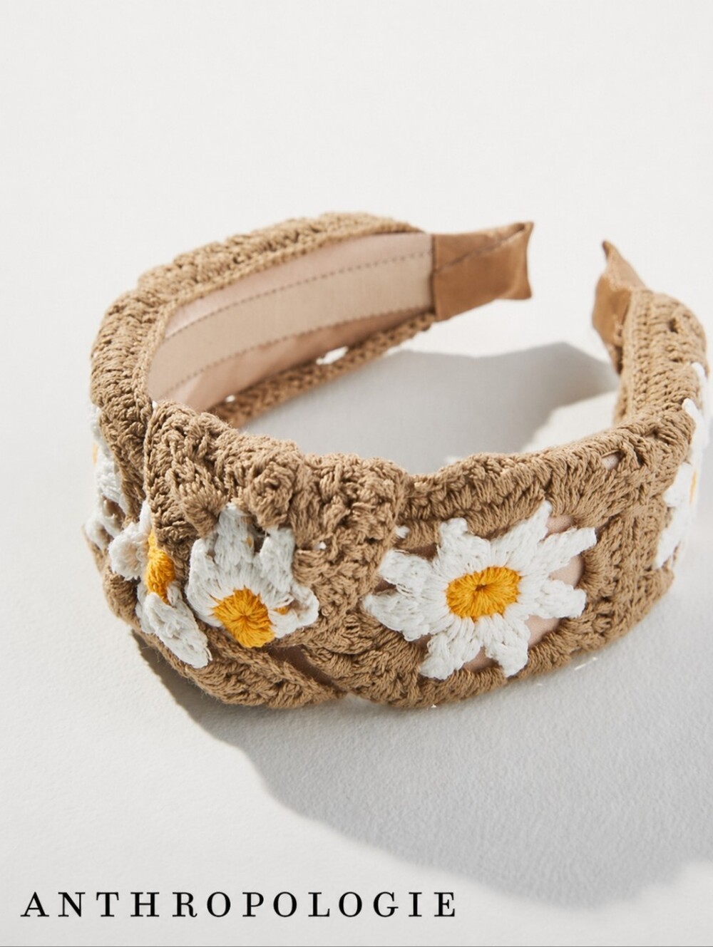 Anthropologie Tan Yellow & White Daisy Crochet Boho Headband - NEW